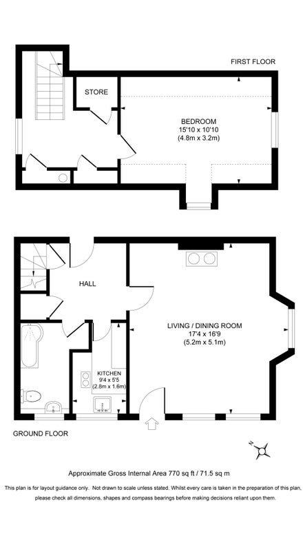 The floor plan for Oxburgh Chapel Lodge, showing the ground floor with living room, kitchen and bathroom, and first floor with bedroom